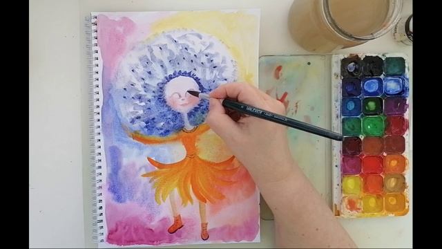 Рисование очередной фантазии. Живопись акварелью. Яркая картинка.