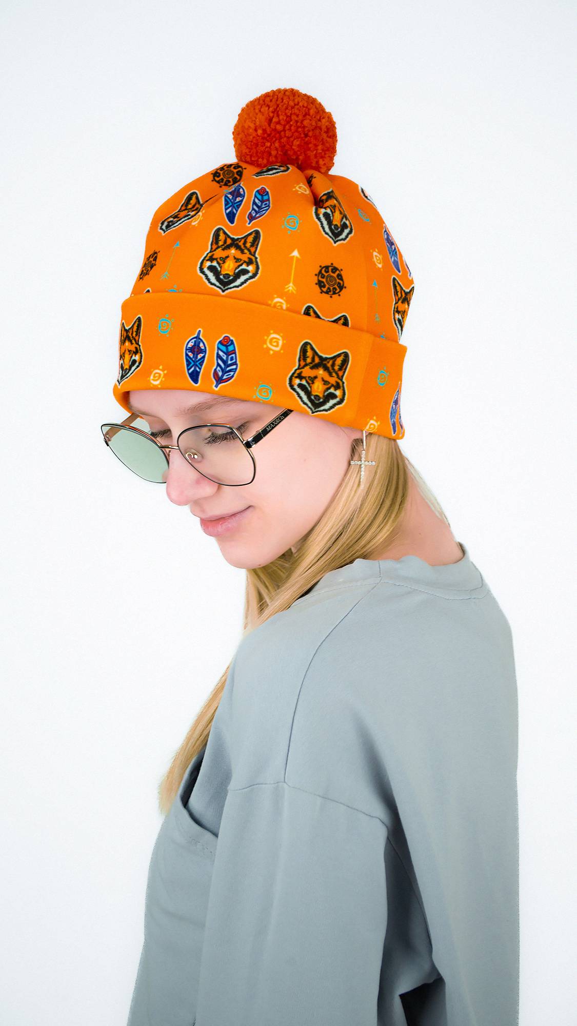 Шапка с помпоном ЛИСА УЗОР (оранжевая)