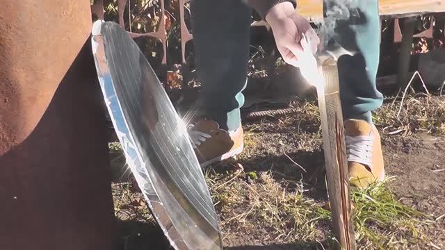 Параболическое зеркало как линза солнечный концентратор из спутниковой тарелки, эксперимент.