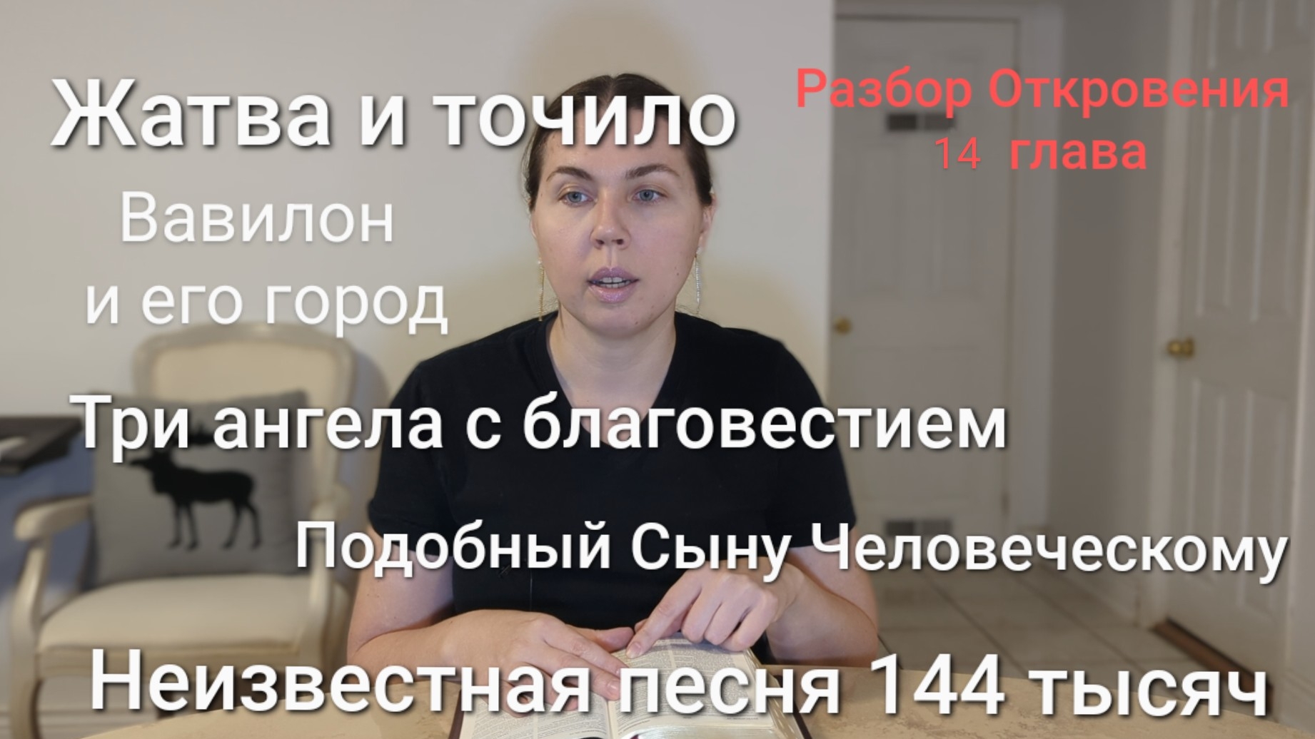 Песня 144 тысяч, три ангела, подобный Сыну Человеческому, Вавилон и его город, жатва и точило.