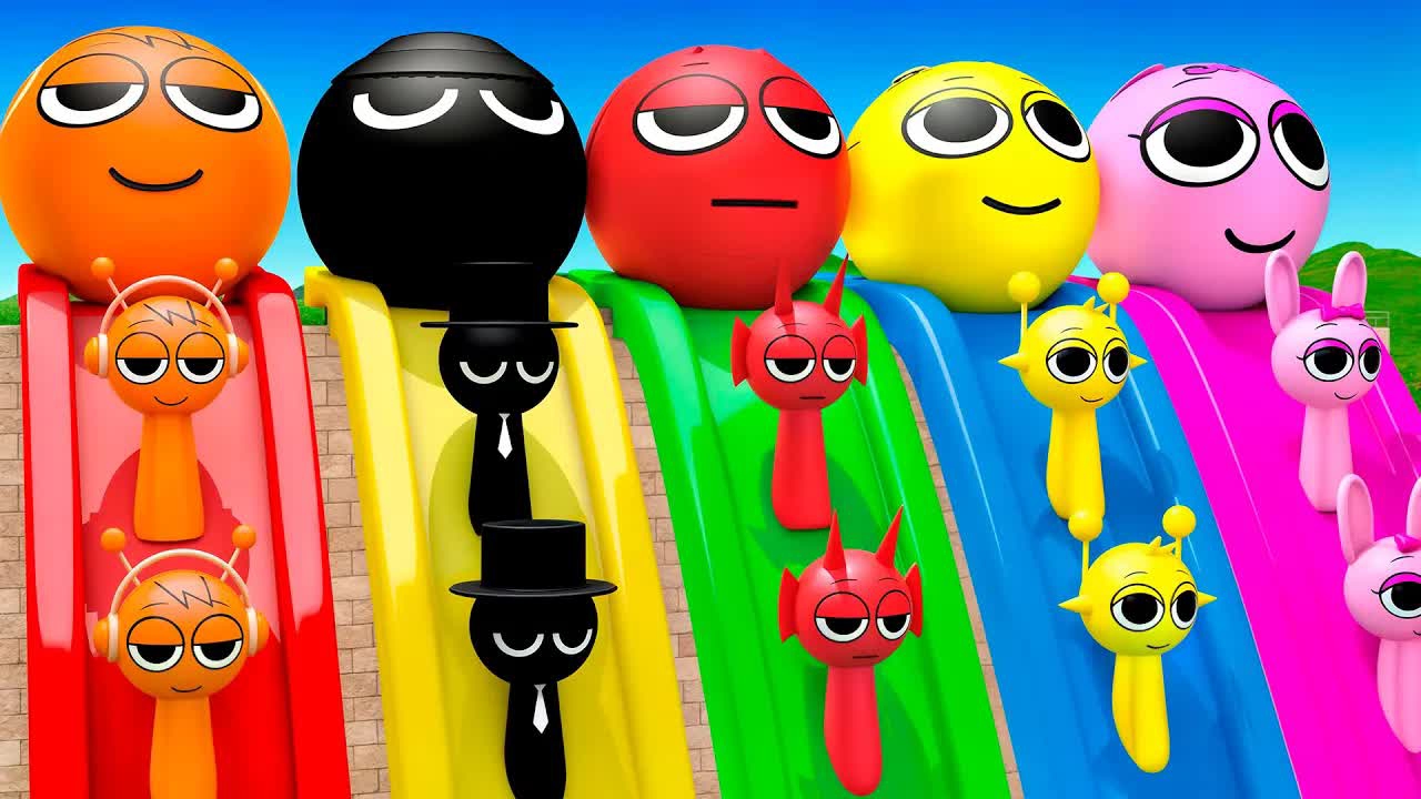 Игра с длинными слайдами с невероятной коробкой, Спрунки, Пинки, Орен, Блэк, Рэдди, Саймон, 3d-игра