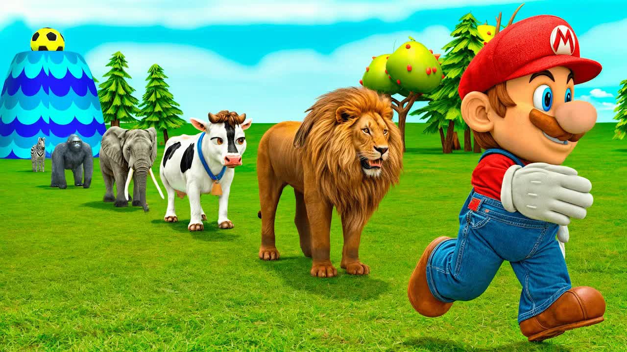 ЧЕЛЛЕНДЖ Животных с помощью игры Super Mario, Тигра, Коровы, Льва, Буйвола, Гориллы, Фонтана, пересе