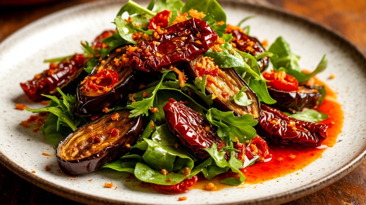 Салат с хрустящими баклажанами (Видео рецепт).