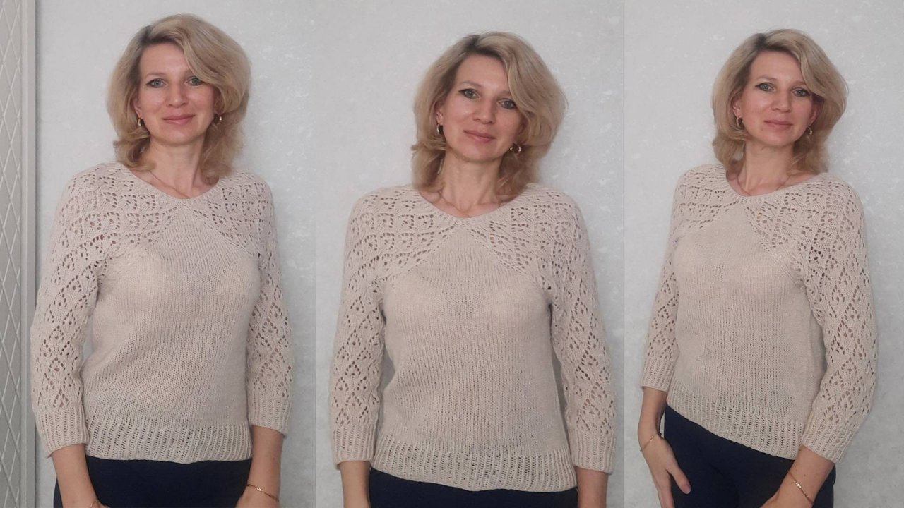 Джемпер с ленивым регланом и ажуром._Подробный МК.