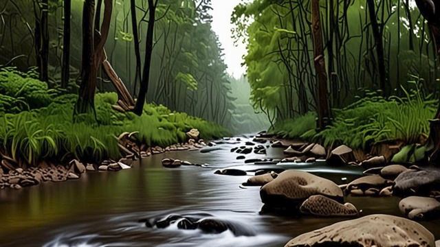 Зеленый лес со звуком текущей воды для сна