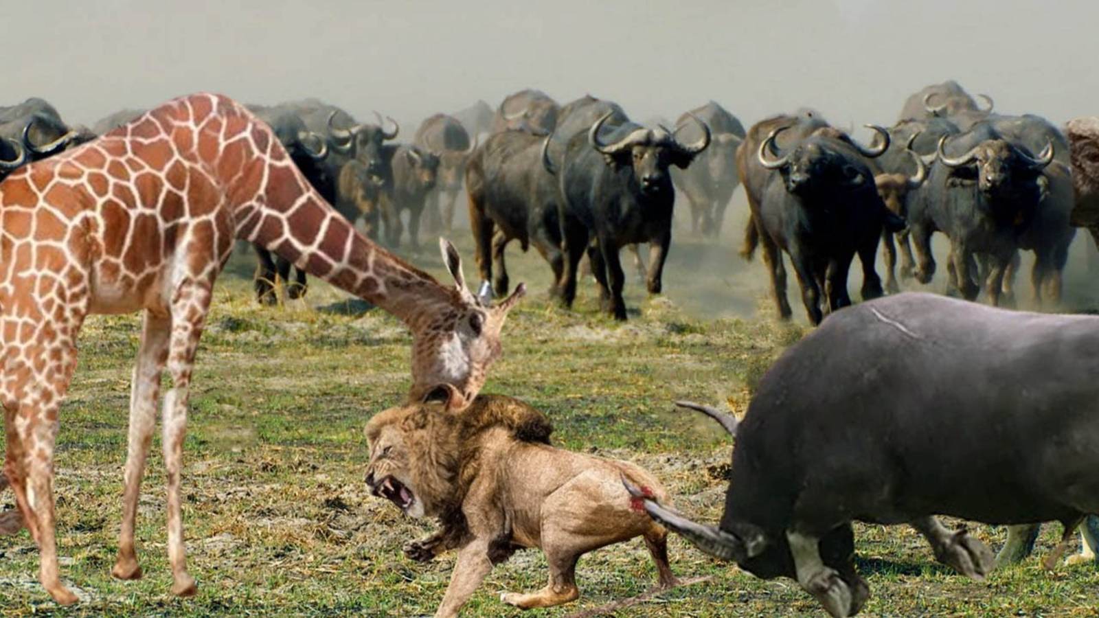 Буйвол Прибыл Слишком Поздно, Чтобы Спасти Жирафа - Льва, На Которого Напало Стадо Буйволов