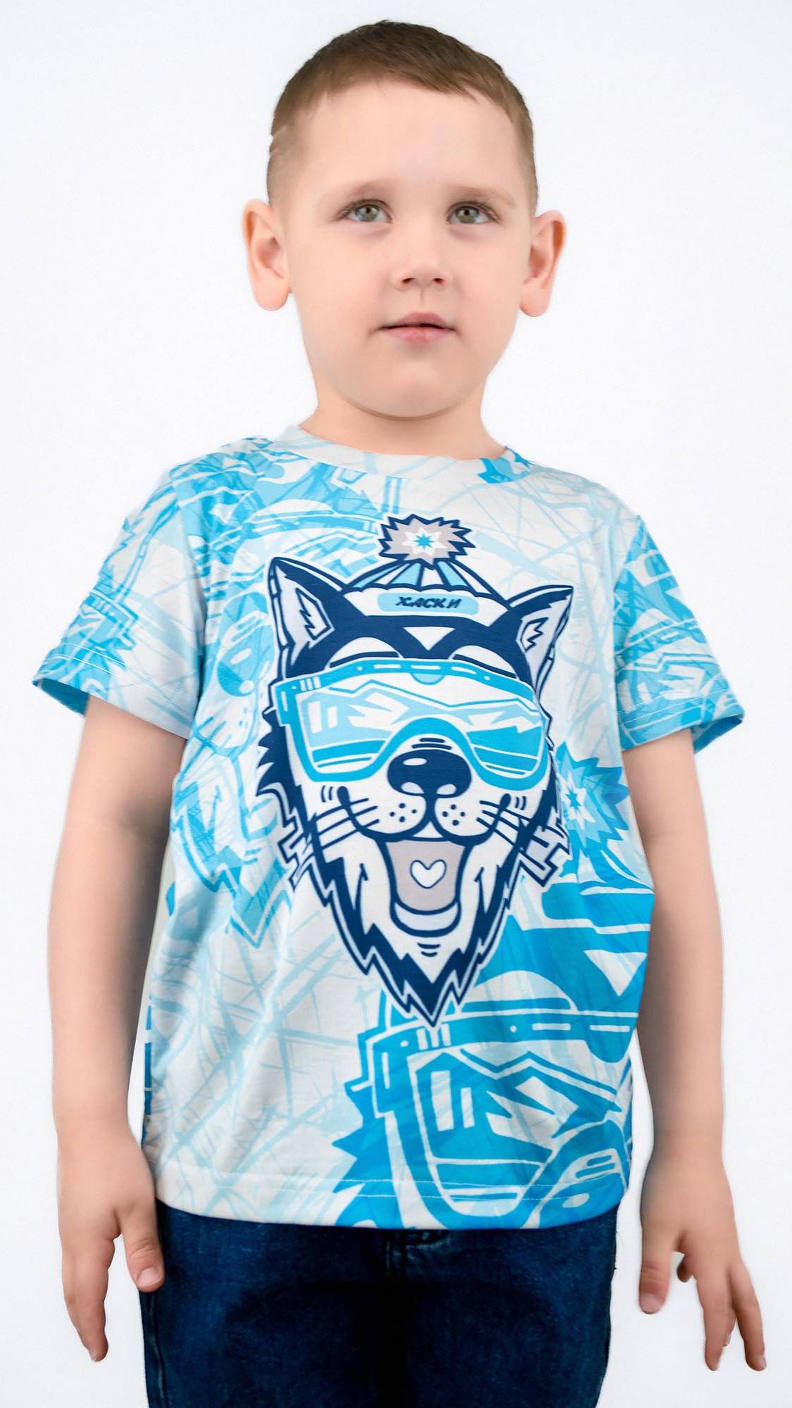 Футболка детская ХАСКИ В ОЧКАХ ГЛОБАЛ (голубая)