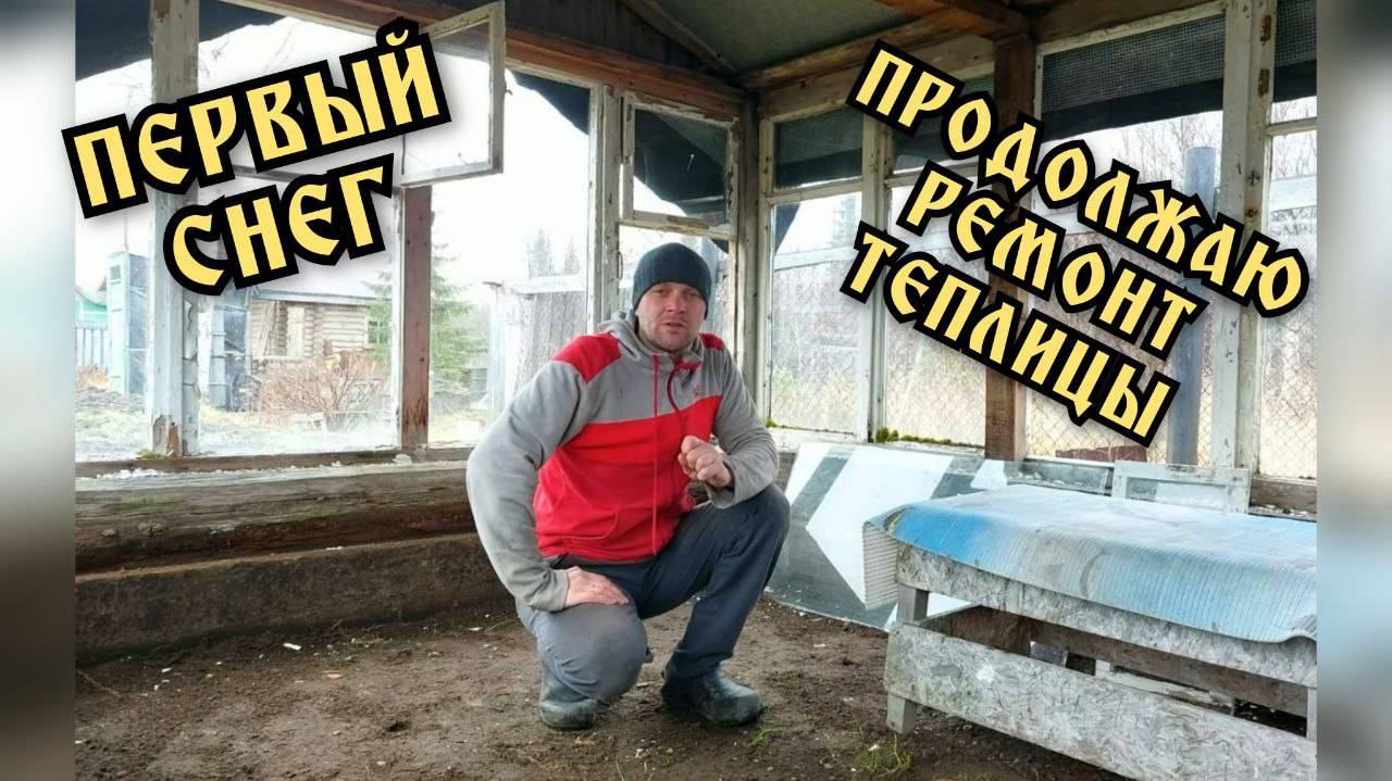 Теплица. Продолжаю реставрацию. Пошел снег.