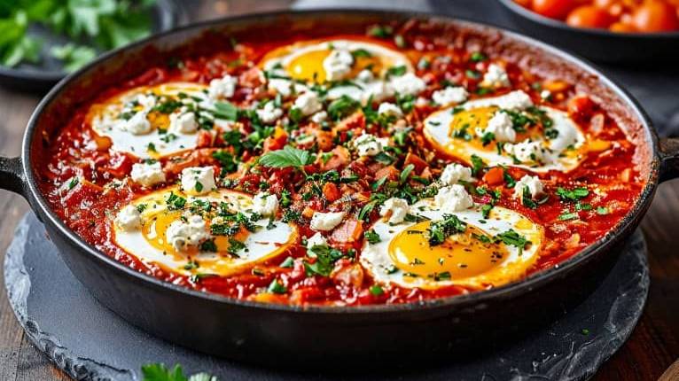 Шакшука с фетой на сковороде просто, быстро и вкусно