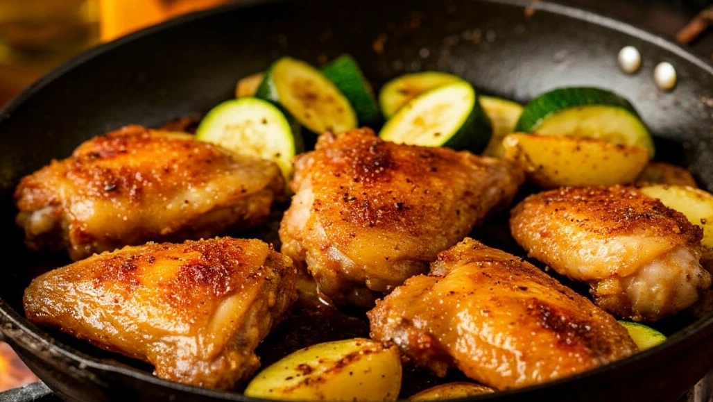 Куриные крылышки с картофелем и кабачками на садже.