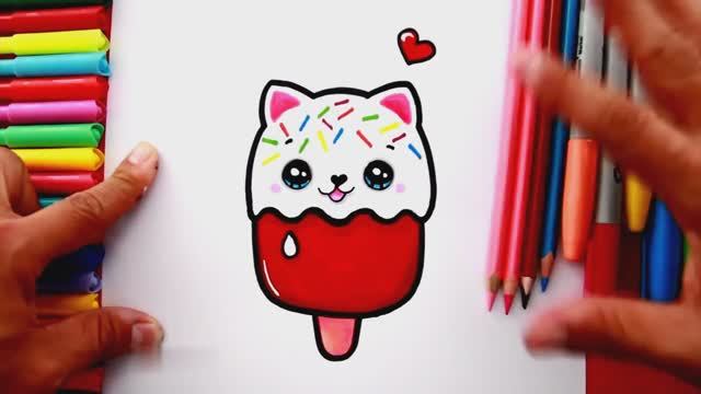 Как нарисовать мороженое с кавайным котенком