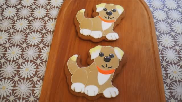 Роспись ИМБИРНЫХ пряников БЕЛКОВОЙ глазурью ПРЯНИК в виде СОБАКИ