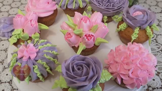 Кексы на Сметане | Украшение кексов кремом ТЮЛЬПАН,РОЗА | Как окрасить крем красителем