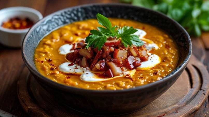 Крем-суп из чечевицы с беконом