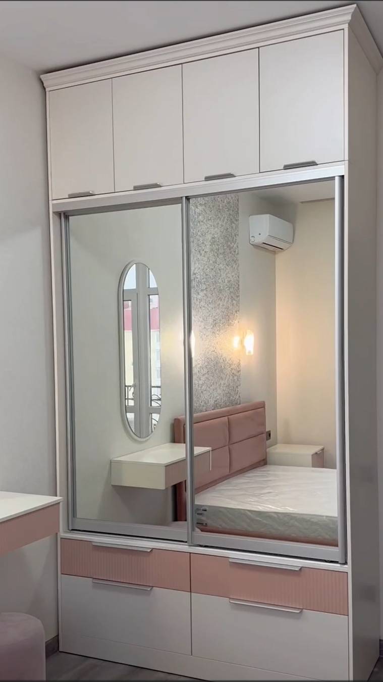 Спальня на заказ. Шкаф в спальню на заказ. Мебель в спальню на заказ с фрезеровкой, розовая,кашемир