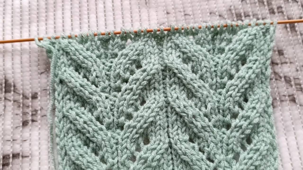 Узор спицами _Веточка_, вяжем вмести каждый ряд, видео подробное для начинающих