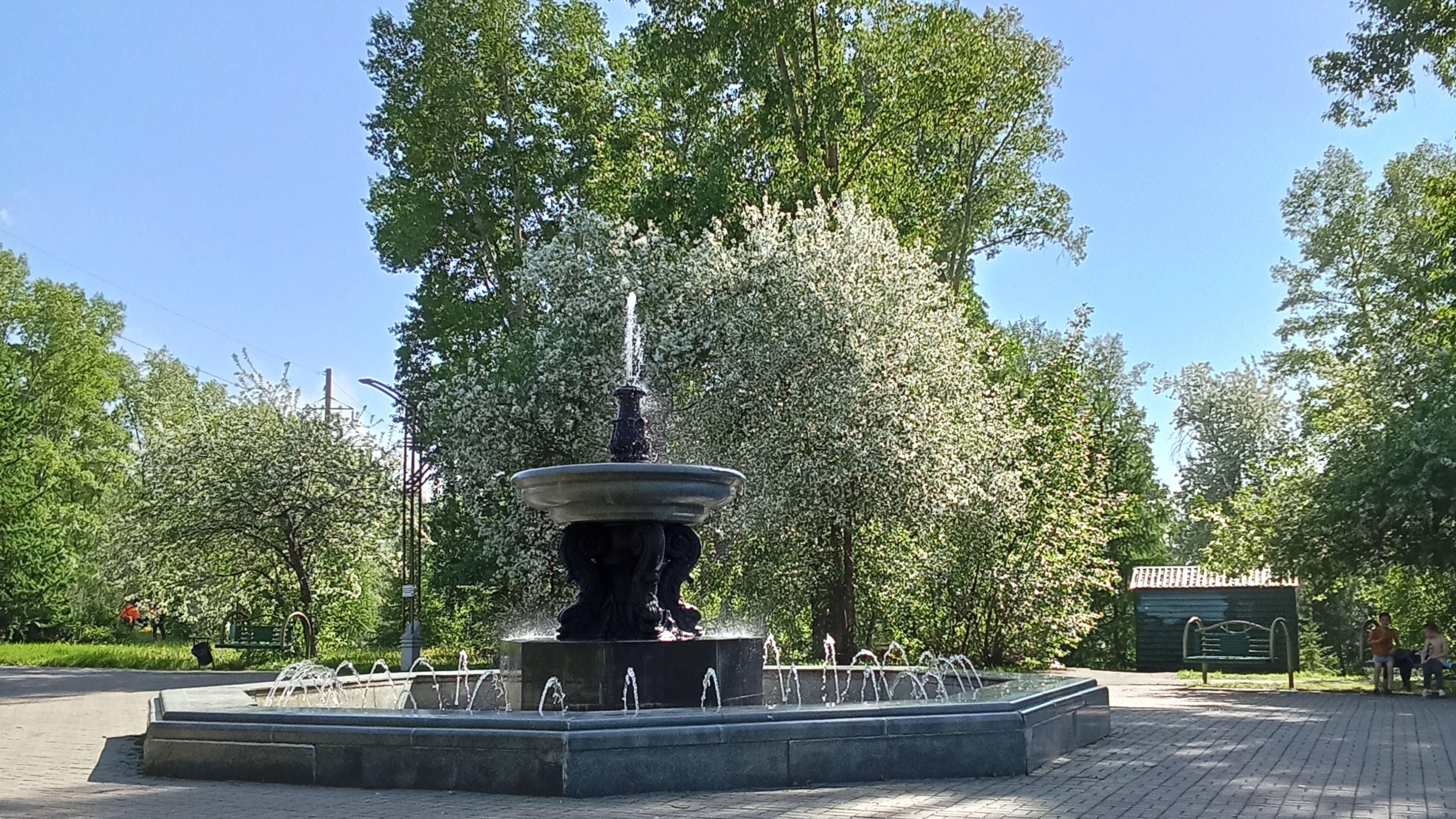 Культурная прогулка. Фонтан. ДК Шахтёров. Хорошая погода. Цветут деревья. Красота. Дружно заходим