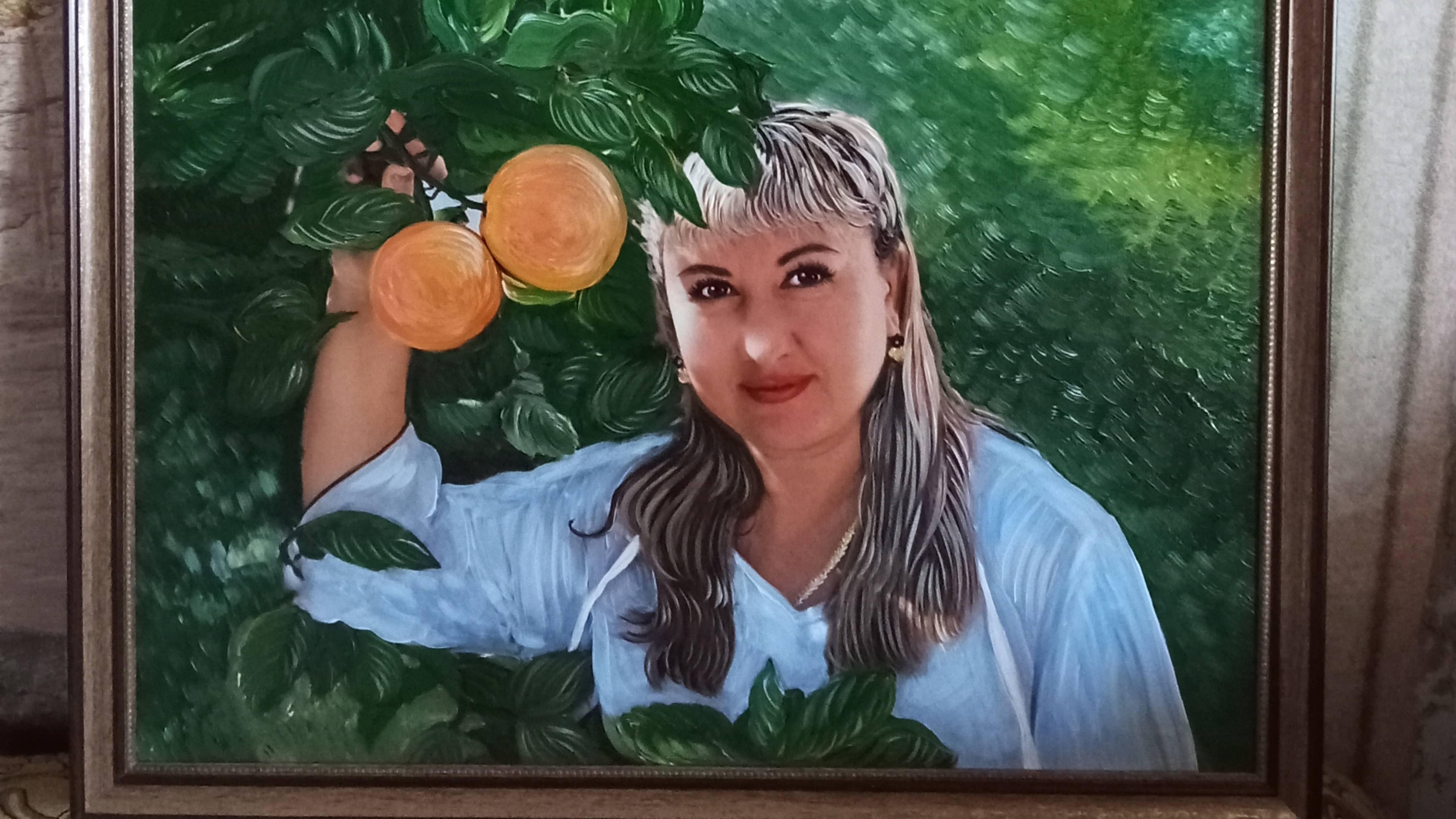 Картина. Портрет по фото. Выполнила красивый, женский портрет. На фоне цветущего сада. Холст, краски
