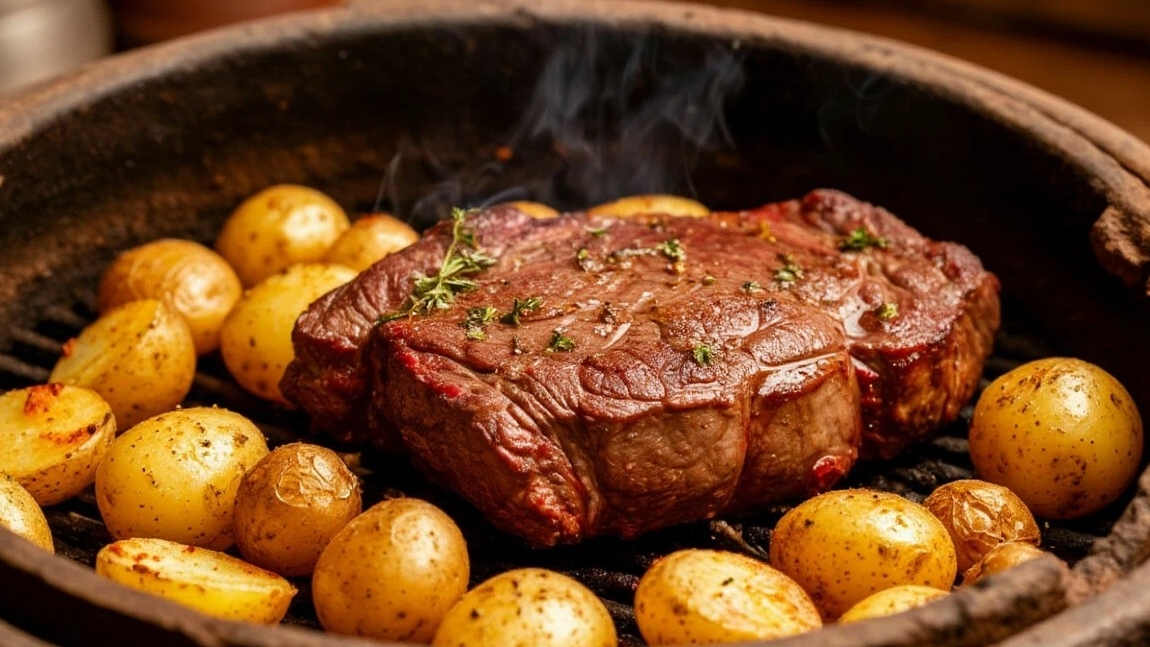 Готовим в тандыре мясо с картошкой.