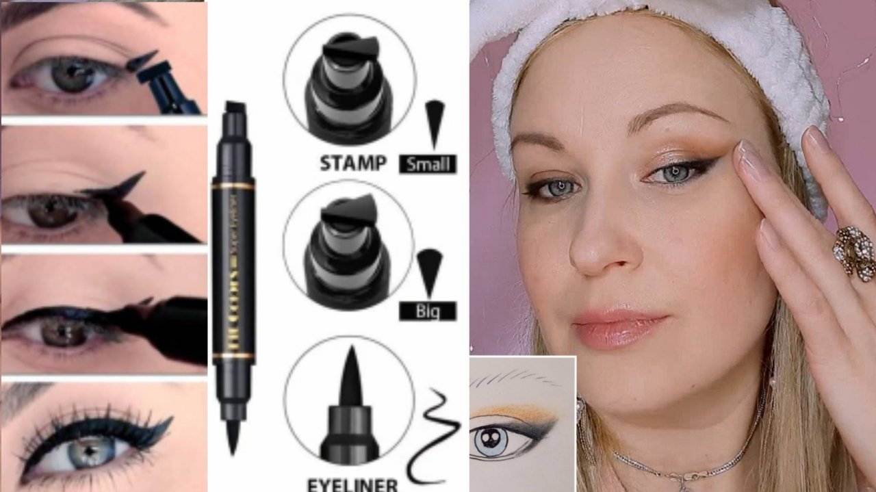 Макияж глаз-стрелки для нависшего века с помощью штампа. Подводка+тени просто и молодят.