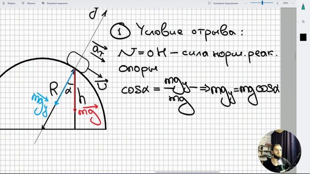 #4 Законы сохранения. Тело на гладкой полусфере соскользнуло и оторвалось от поверхности