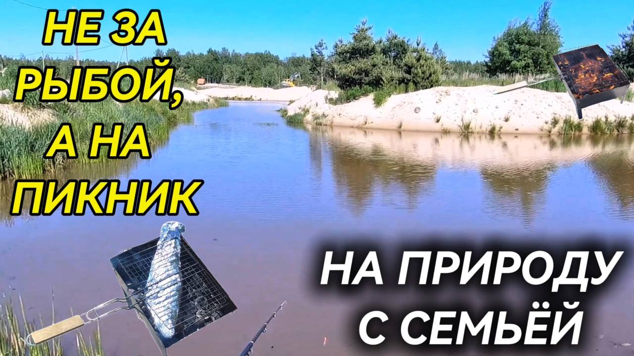 Рыбалка на пруду. Не за рыбой, а на пикник с семьёй. Жарим рыбу и сосиски на углях.