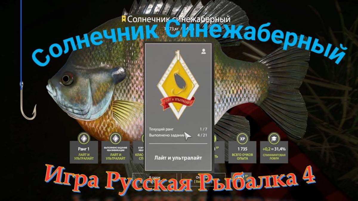 Солнечник Синежаберный, трофейная рыба на вращалку ультралайт, озеро Лосиное игра Русская Рыбалка 4