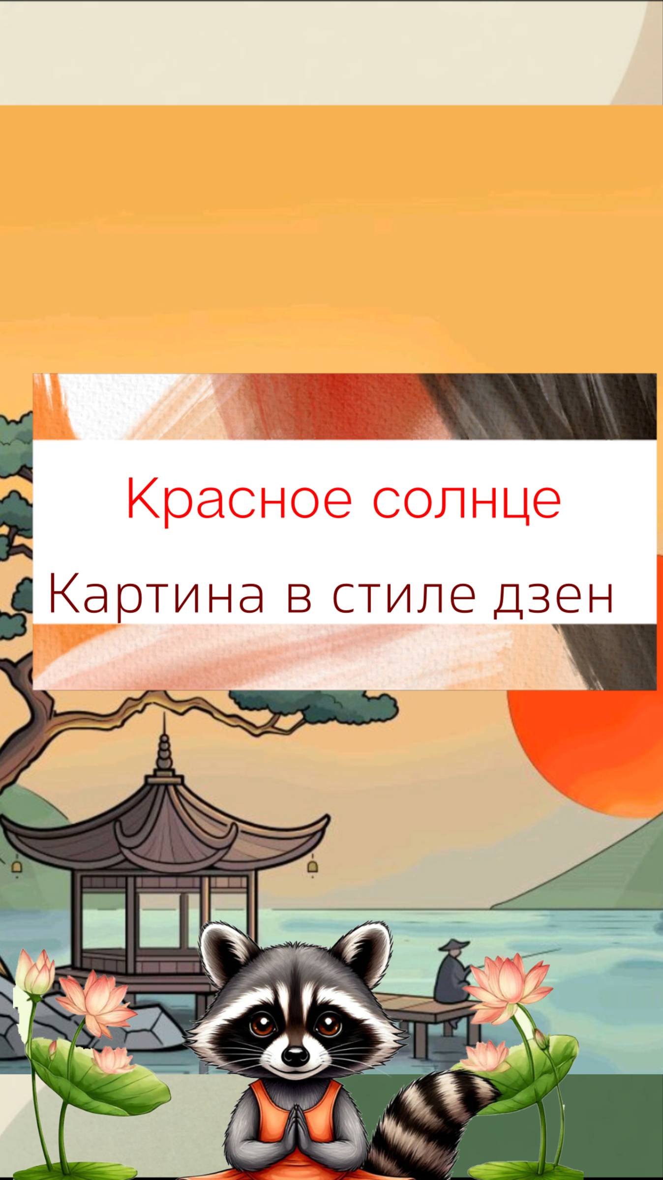 Красное солнце в горах Японии. Рисунок в стиле дзен