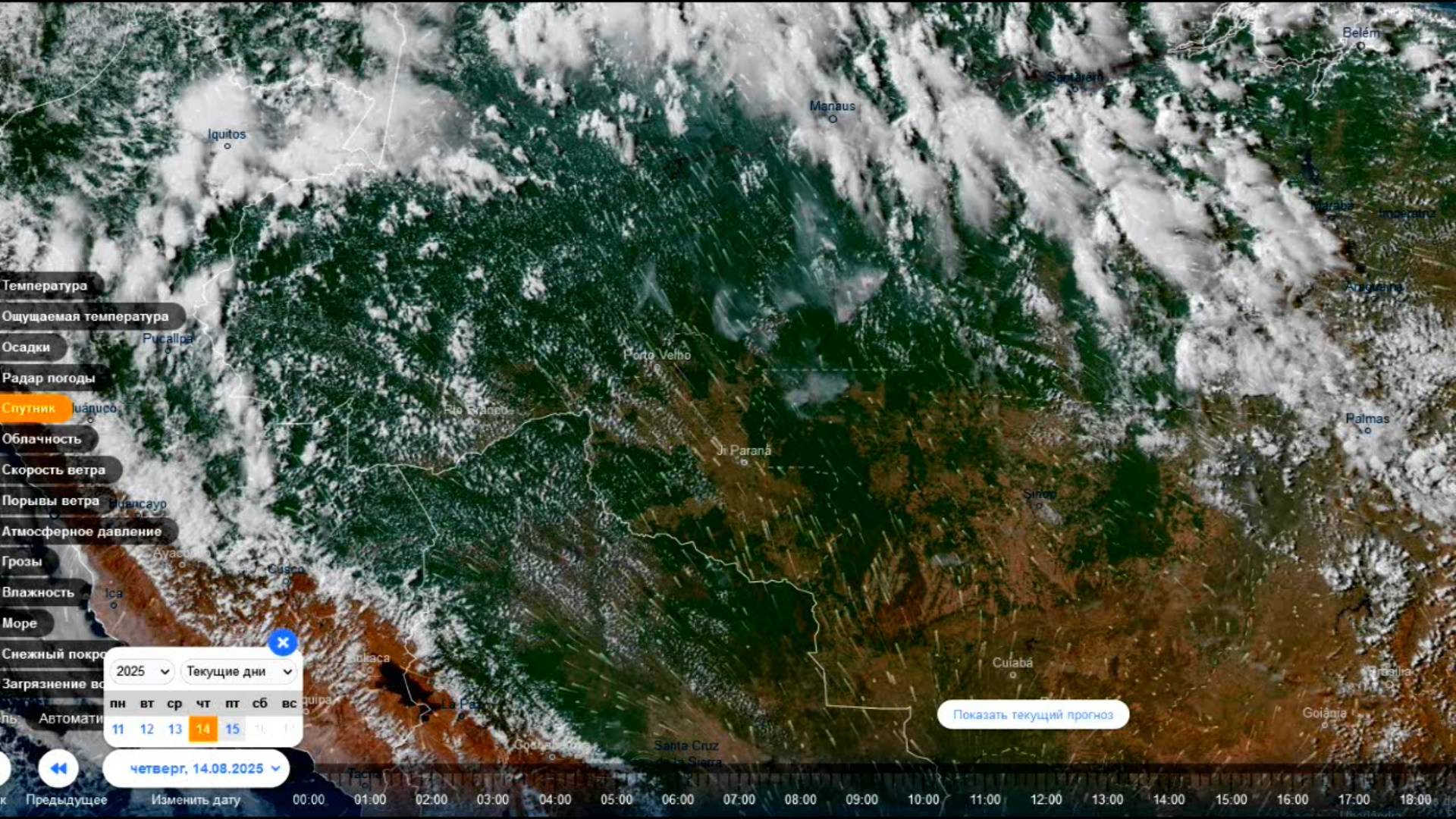 Сезон засухи на юге Амазонии и горящие леса в зоне вырубки. Вид со спутника с 11 по 14.08.2025