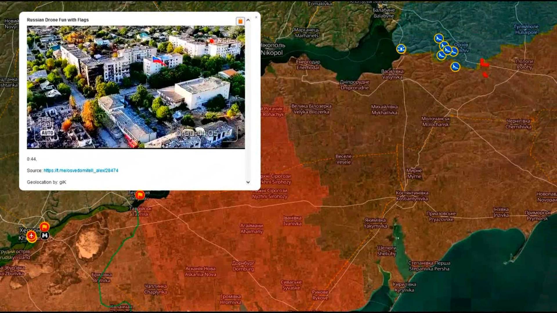 Карта боевых действий. Российские флаги над западным берегом Днепра