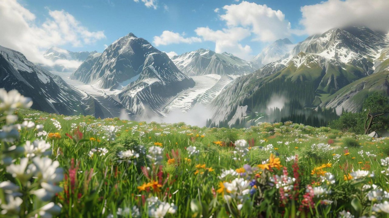 Тихий луг со звуками природы | Полевыми цветами и видом на Альпийские горы