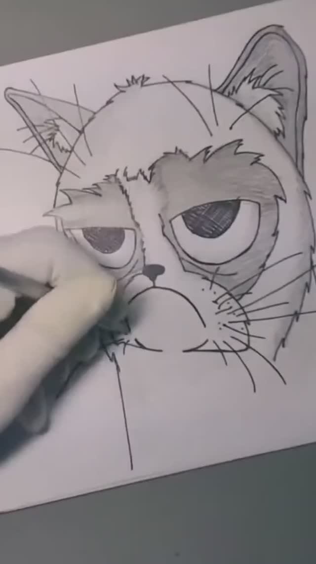 Скетч - Сердитый кот черным маркером и карандашом