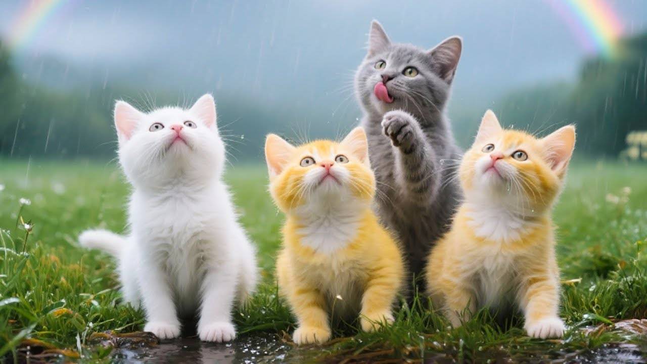 😹Красивые Котята мило мяукают в дождливой траве🔥