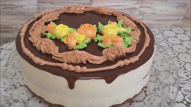 Украшение торта БЕЛКОВО ЗАВАРНЫМ кремом. Рецепт ШОКОЛАДНОЙ глазури. Торт с цветами