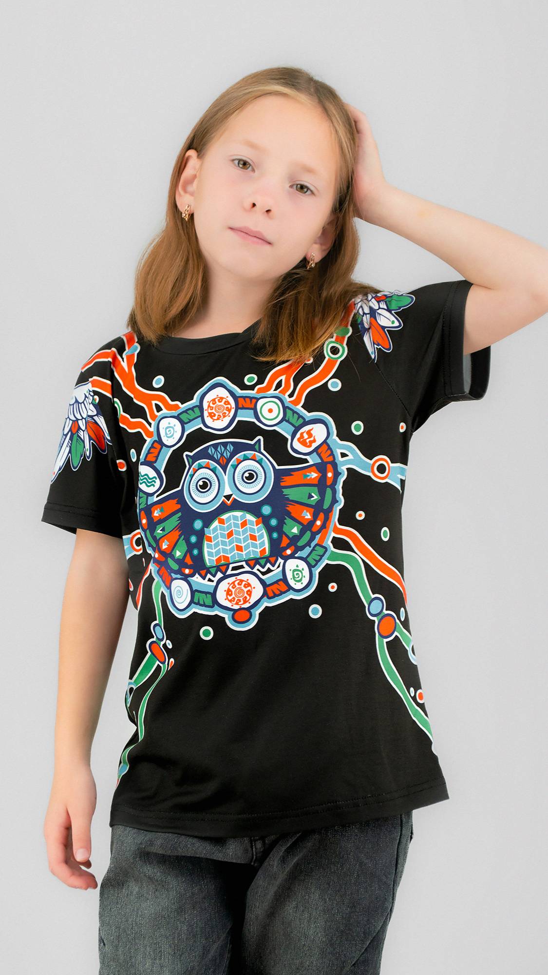 Футболка детская СОВА В ЛОВЦЕ (черная)