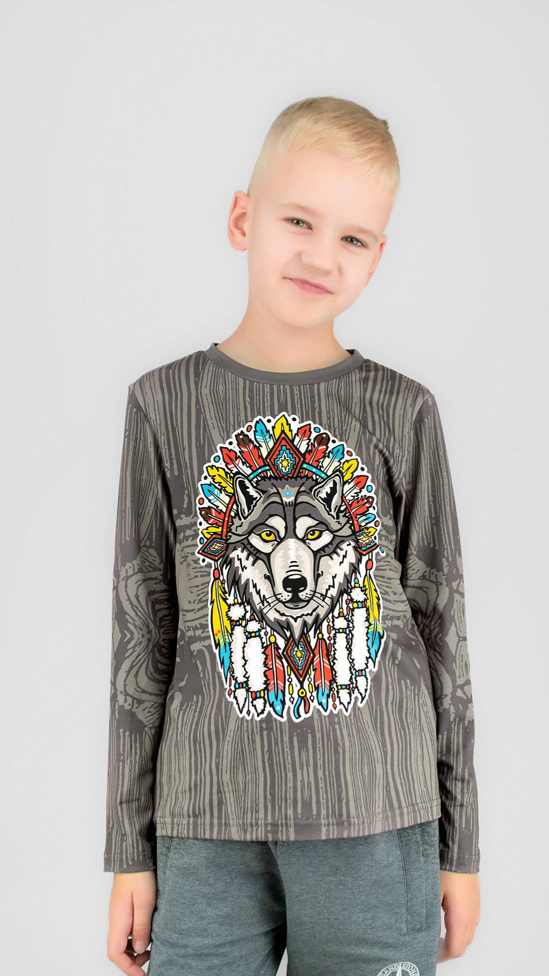 Лонгслив детский ВОЛК В ЛОВЦЕ (серый)