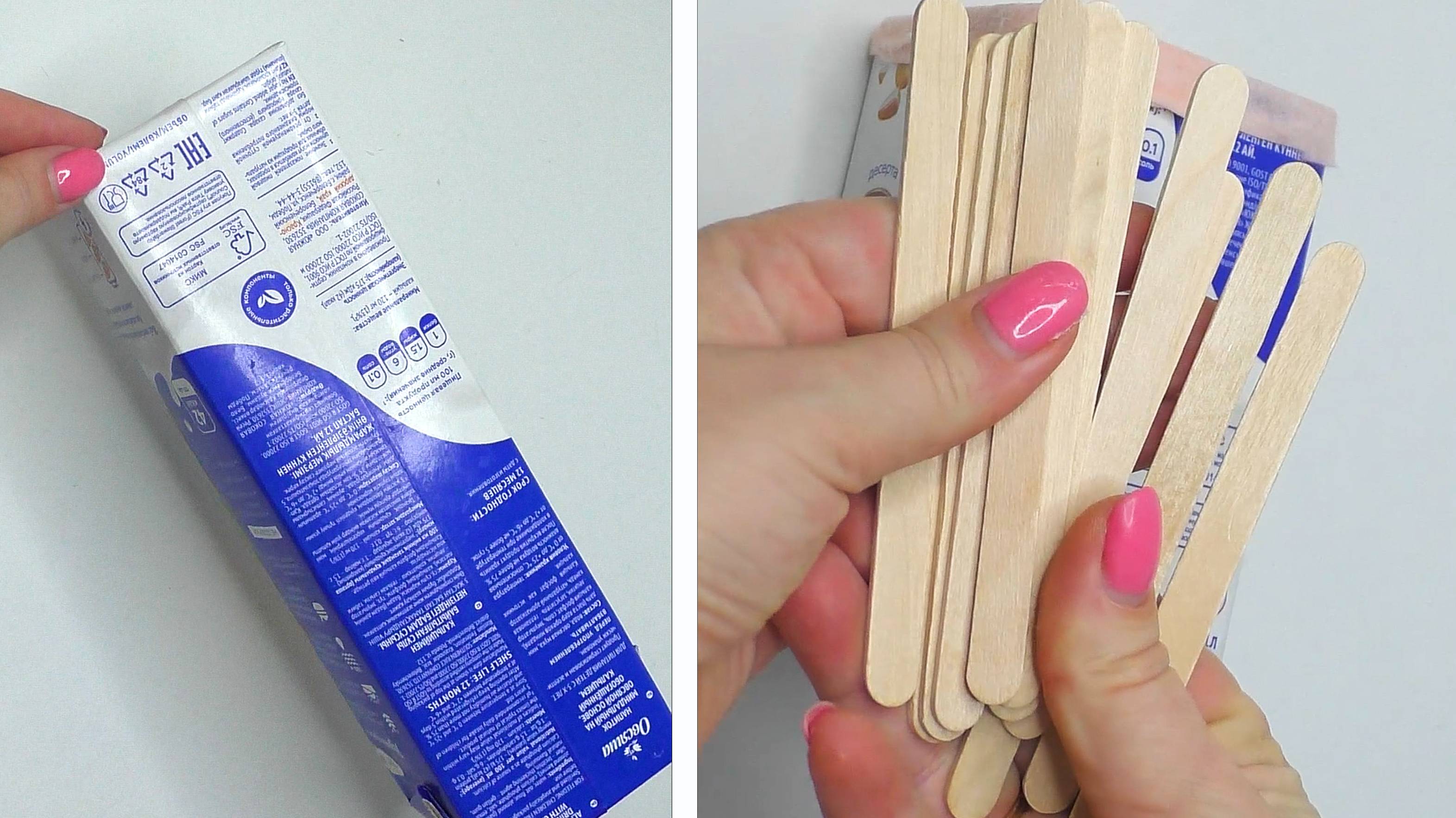 Картонная коробка от молока и деревянные палочки помогут создать дизайнерский набор для вашей кухни