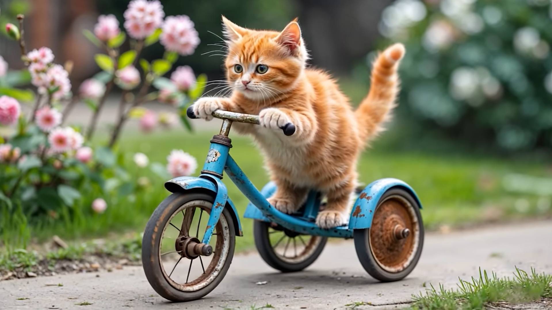 😹Кошка мама учит кататься на велосипеде своего маленького котёночка🔥