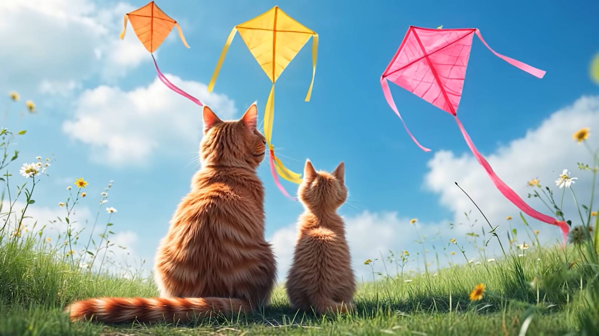 😹Мама кошечка запускает воздушного змея со своим маленьким сыночком🔥