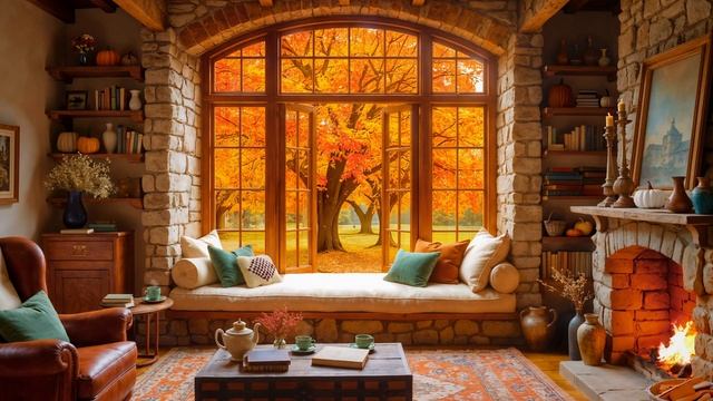 Осеннее LOFI / Уютный ВЕЧЕР у камина / ЗОЛОТАЯ осень / Вкусный кофе под ПЕНИЕ птиц / Звуки КАМИНА