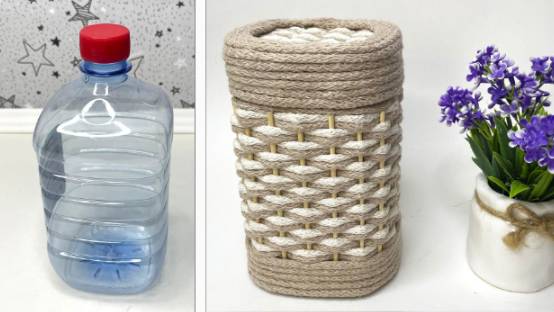 Лайфхак как из пластиковой бутылки создать красивую плетеную баночку с крышкой