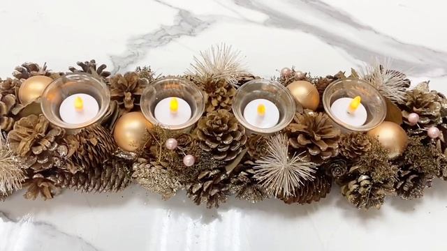 Подсвечник из шишек ЗОЛОТО ЗИМНЕГО ЛЕСА, на 4 чайных свечи, 54 см, 1117409