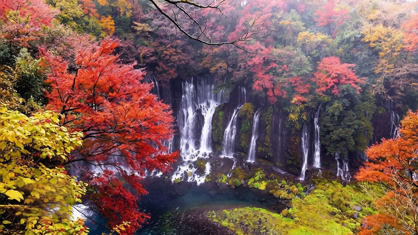 🍁💧 Водопад Сираито осенью | 5 часов успокаивающих звуков падающей воды (без музыки)