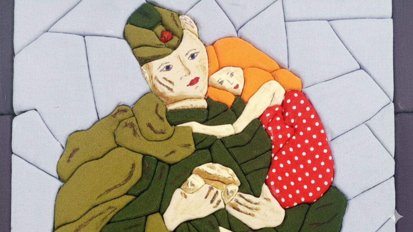 Солдат со спасенной девочкой на руках. Международный фестиваль искусств НА ОЛИМПЕ