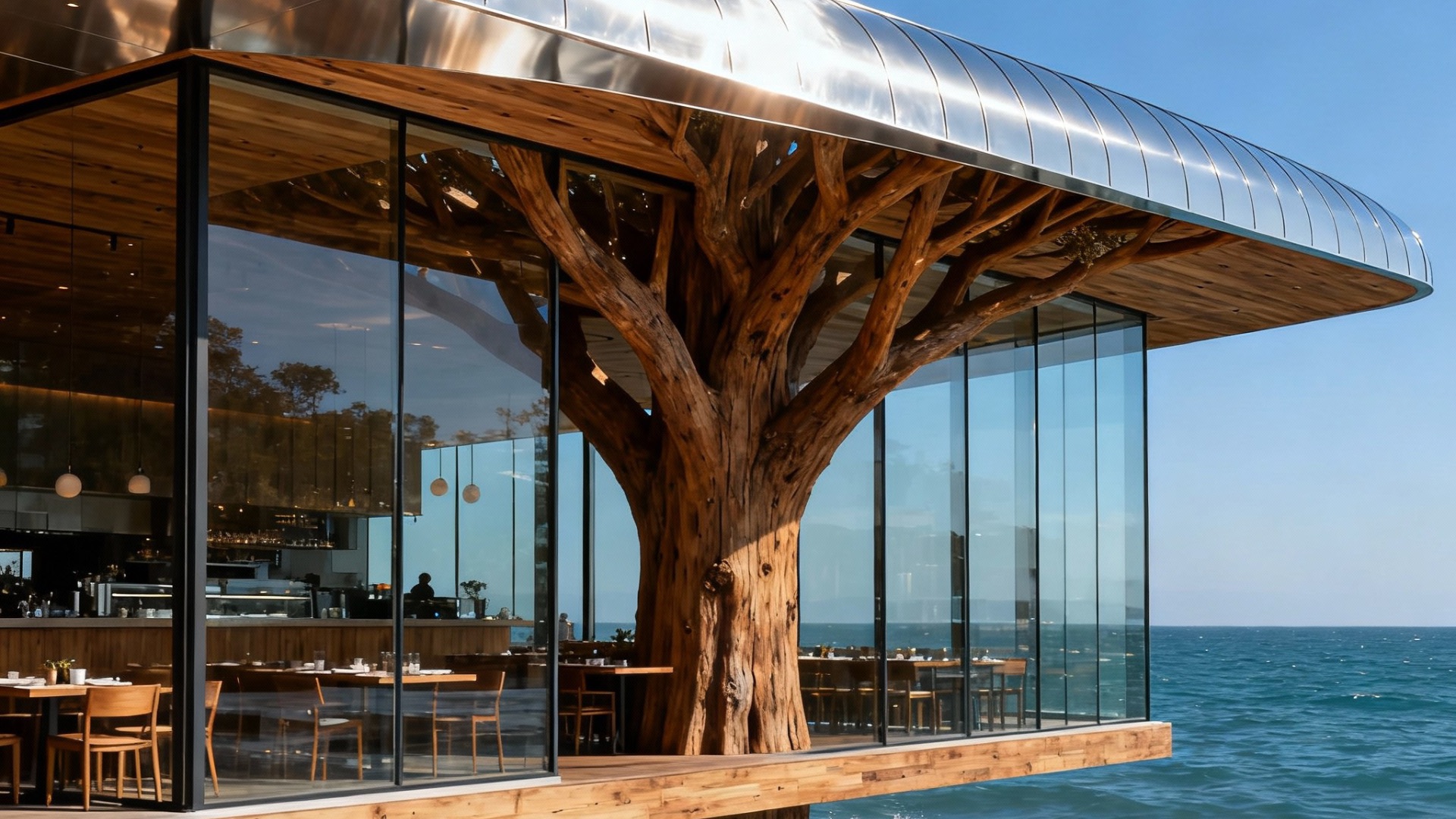 Безрамное остекление на террасе для ресторана в деревянный каркас, брус.