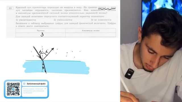 Красный луч прожектора переходит из воздуха в воду. На границе воздух - вода луч частично - №20497
