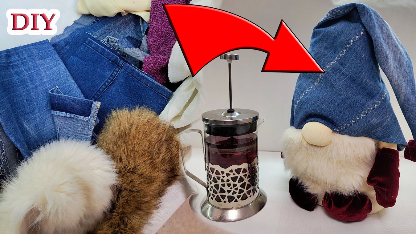 Гном - грелка на чайник из джинсов и воротника. Бесплатный мастер-класс