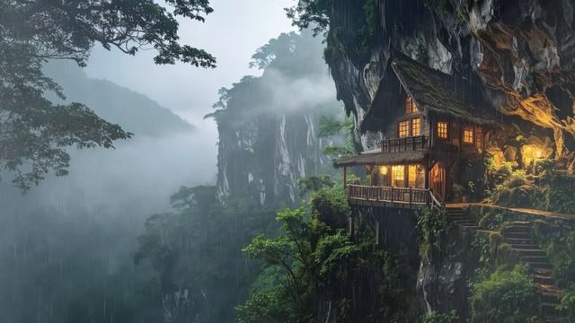 Туманный день -  музыка для сна с звуками дождя и леса, фоновая музыка для отдыха и расслабления