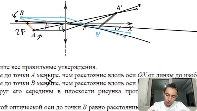 Середина светящегося отрезка АВ находится на расстоянии 20 см от центра тонкой собирающей - №24890