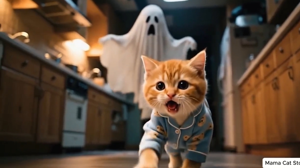 Рыжий котенок боится привидений.